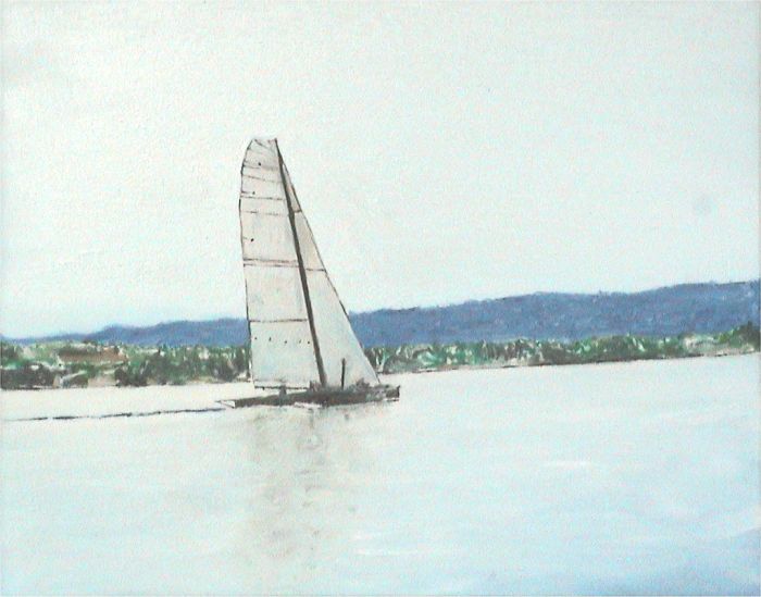 Painting of a racing boat on lake geneva oil on canvas by alex borissov